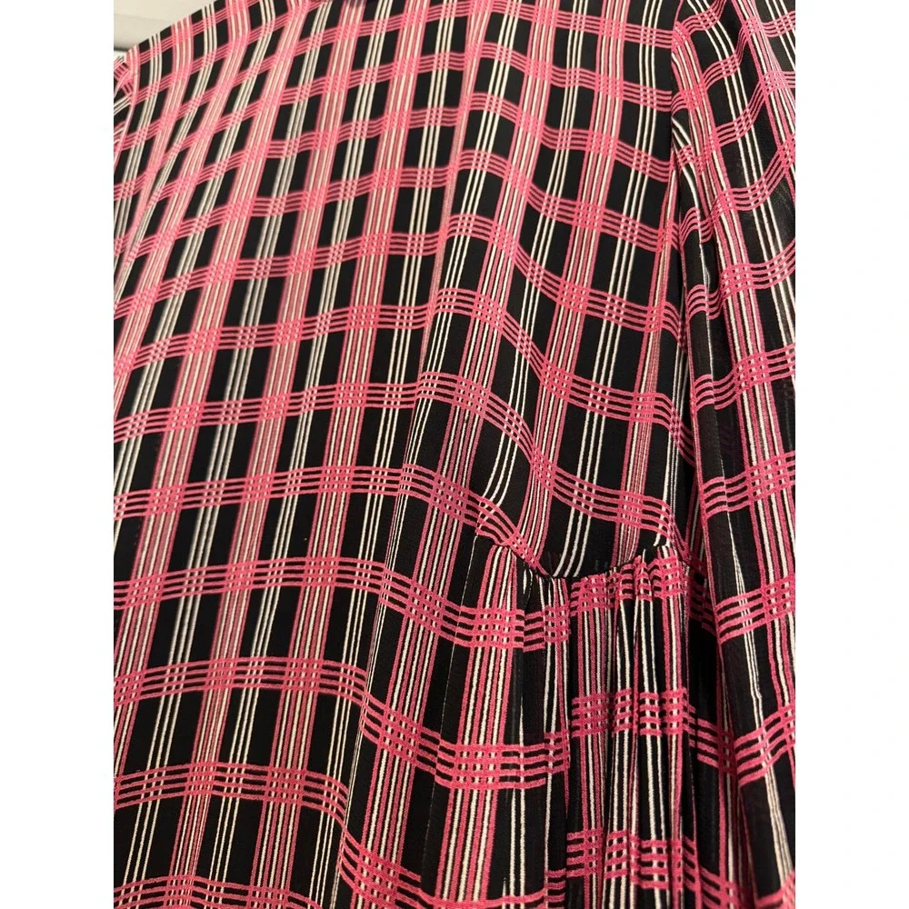 GANNI Pink Black Plaid Mock Neck Long Sleeve Midi Mod Dress Size M - Picture 2 of 13